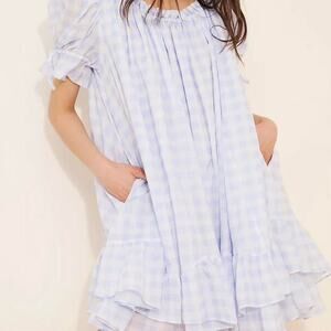 Selkie Shipwreck Mini Dress Lavender Blue Gingham Puff Sleeve Size S Cottagecore